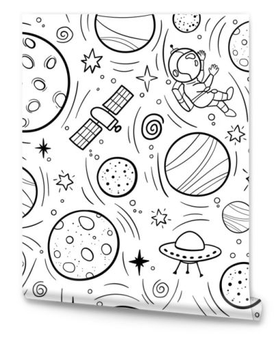 Hand drawn space banner template. Space doodle Vector illustration with cartoon rocket, planets, stars. Universe for your design