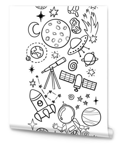 Hand drawn space banner template. Space doodle Vector illustration with cartoon rocket, planets, stars. Universe for your design