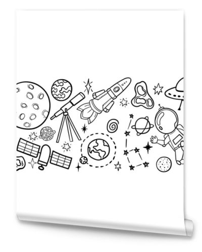 Hand drawn space banner template. Space doodle Vector illustration with cartoon rocket, planets, stars. Universe for your design