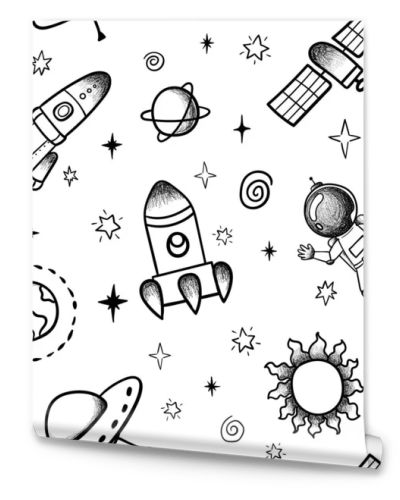 Hand drawn space banner template. Space doodle Vector illustration with cartoon rocket, planets, stars. Universe for your design