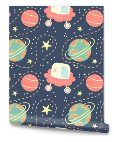 Children's seamless pattern with planets, aircraft and stars. Space pattern for children. Planets with rings and patterns, dotted lines as the planets move. Vector illustration.