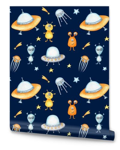 Space Seamless pattern with Astronaut, cosmonaut, Space rocket, Flying saucer UFO, Spaceship, alien, Unidentified flying object, stars. Watercolor kids fabric design, wrapping paper, background