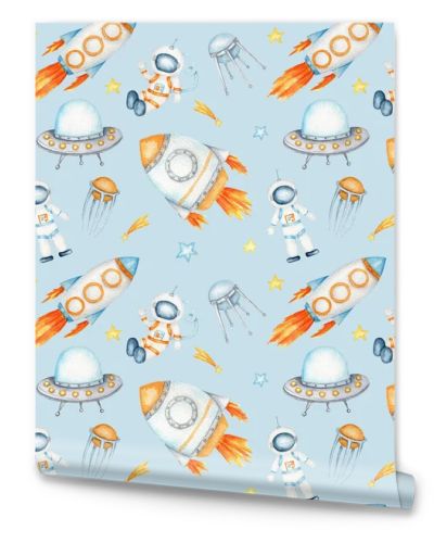 Space Seamless pattern with Astronaut, cosmonaut, Space rocket, Flying saucer UFO, Spaceship, alien, Unidentified flying object, stars. Watercolor kids fabric design, wrapping paper, background