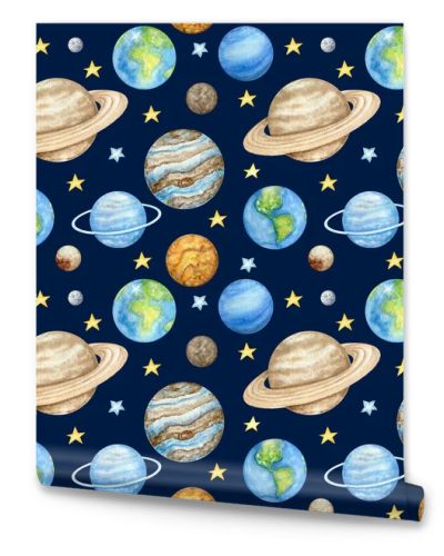 Planets of the solar system Seamless pattern. Outer Space planet Mercury Venus Earth Mars Jupiter Saturn Uranus Neptune Pluto with Sun. Watercolor kids fabric design, wrapping paper, background
