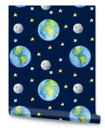 Planets of the solar system Seamless pattern. Outer Space planet Mercury Venus Earth Mars Jupiter Saturn Uranus Neptune Pluto with Sun. Watercolor kids fabric design, wrapping paper, background