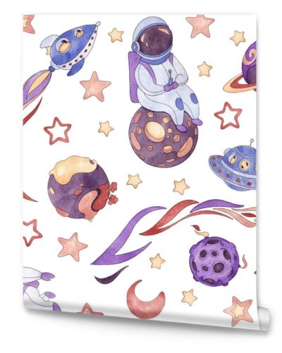 Seamless pattern from a set of watercolor illustrations of astronauts, planets, rocket, flying saucer, kamet, stars and moon in blue, purple, red, cream colors isolated on white background. Size 20 by 20 cm, 600 dpi