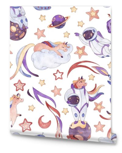 Seamless pattern from a set of watercolor illustrations of unicorns, astronauts, planets, rockets, flying saucer, rainbows, kamets, stars and moon in blue, purple, red, cream colors isolated on white background. Size 20 by 20 cm, 600 dpi