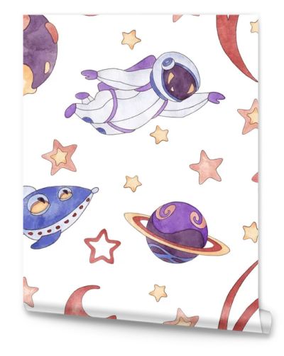 Seamless pattern set of watercolor illustrations of flying astronaut, planets, rocket, stars and moon in blue, purple, red, cream colors isolated on white background