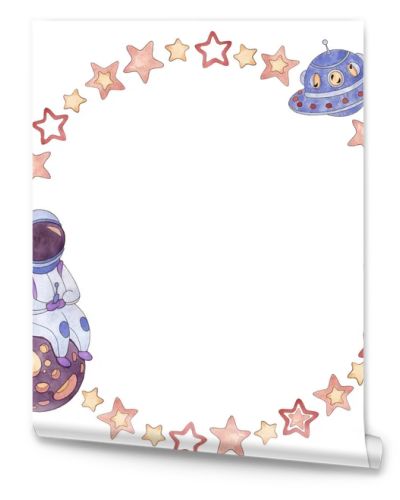 Wreath from a set of watercolor illustrations of pink stars, an astronaut sitting on the planet who controls a flying UFO in blue, purple, red, cream colors isolated on a white background