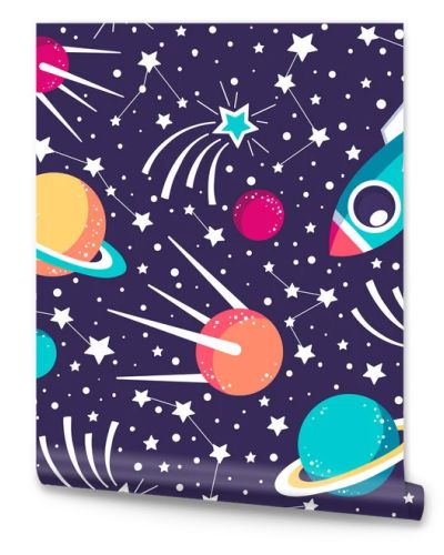 Space elements: planets,spaseship, satellite, stars, constellations. Vector seamless pattern.