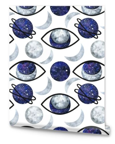 The universe is in open eyes. Abstract seamless pattern with the moon and space in the pupil. Stylish space ornament on a white background. Decorative print with mystical watercolor illustrations