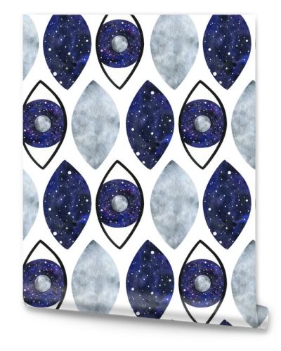 The universe is in open eyes. Abstract seamless pattern with the moon and space in the pupil. Stylish space ornament on a white background. Decorative print with mystical watercolor illustrations