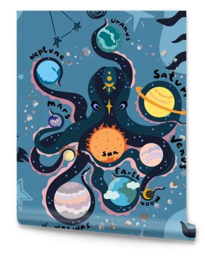 Vector seamless pattern cosmic octopus twirls the planets of the solar system. Space, space adventure, flying rockets, comets, asteroids. Design for printing on textiles, packaging, paper, wallpaper. 