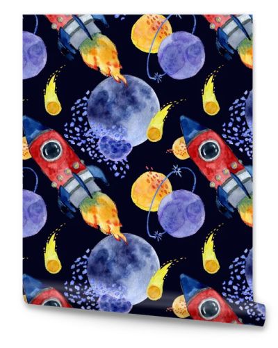 Rockets in the space watercolor seamless pattern design