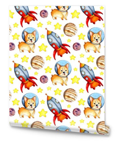 Watercolor illustration of a corgi pattern in space, planets, rocket and stars. Seamless repeating pattern of astronaut dogs. Puppy in a spacesuit. Isolated on white background. Drawn by hand.