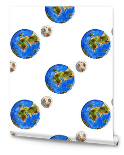 Watercolor illustrations of celestial bodies. Seamless repeating background with hand drawn moon and earth. Template for a space banner or poster. Elements of cosmonautics. Isolated on white.