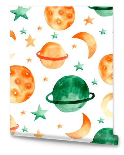 A seamless watercolor pattern with space, planets, stars,and the moon. Children's illustration with space and stars for the design of children's clothing, fabrics, and rooms. Cute pattern for kids