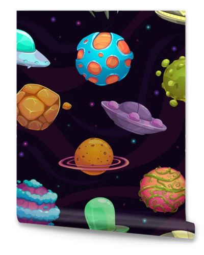 Seamless pattern with ufos and fantastic planets