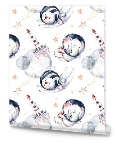 Astronaut seamless pattern. Universe kids Baby boy girl elephant, fox cat and bunny, space suit, cosmonaut stars, planet, moon, rocket and shuttle watercolor space ship background.