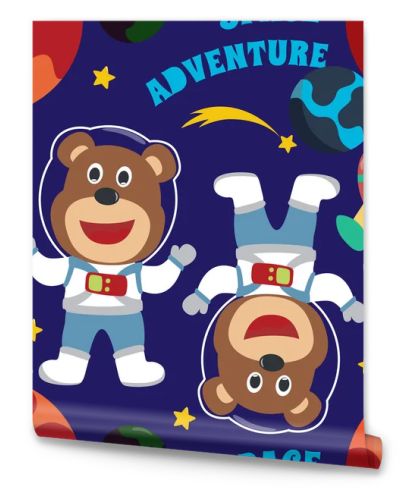 Vector seamless pattern with cute  little bear astronaut, rocket and stars Creative vector childish background for fabric, textile, nursery wallpaper, poster, brochure. Vector illustration background.