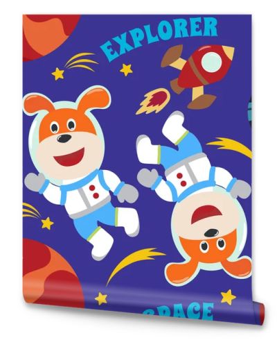 Vector seamless pattern with cute  little astronaut, rocket and stars. Creative vector childish background for fabric, textile, nursery wallpaper, poster, brochure. Vector illustration background.