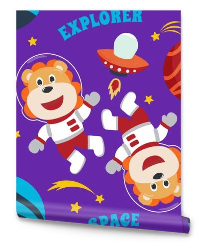 Vector seamless pattern with cute  little lion astronaut, rocket and stars Creative vector childish background for fabric, textile, nursery wallpaper, poster, brochure. Vector illustration background.