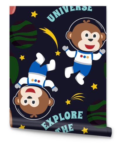 Seamless pattern cute astronaut  monkey in space with cartoon style. space rockets, planets, stars. Creative vector childish background for fabric, textile, nursery wallpaper, card, poster.