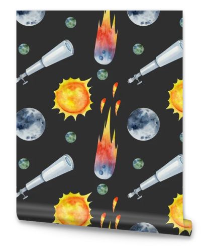 Seamless pattern of watercolor space elements (planets, comets, telescope), hand drawn illustration on dark background