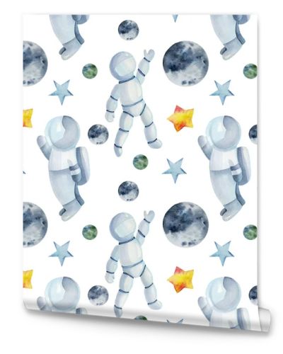 Seamless pattern of watercolor space elements (astronauts, planets and stars), hand drawn illustration on white background