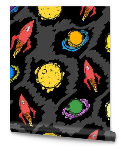 Planet and rocket hand drawn colored seamless pattern