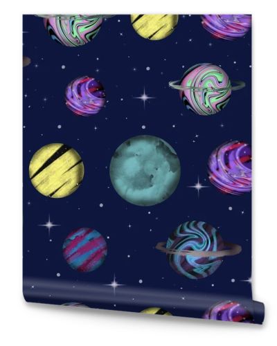 Space kids seamless pattern with planets and stars on a dark blue background