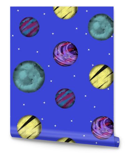 Space seamless pattern with planets and stars. Bright texture for kids.