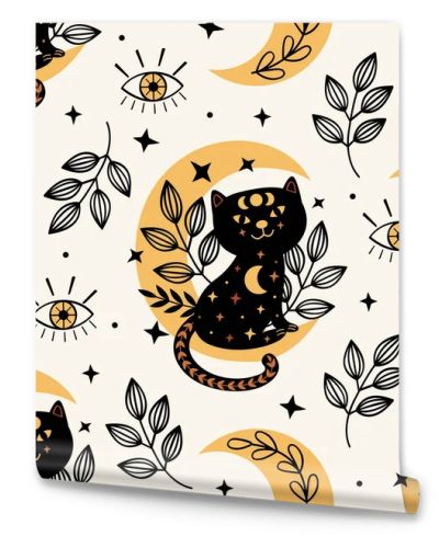 seamless pattern with magic eye and black cat on the moon