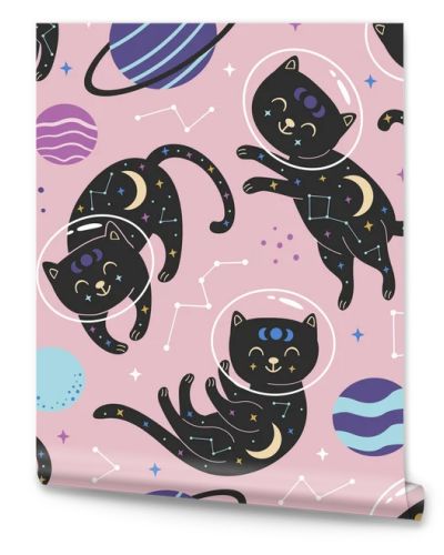 seamless pattern with celestial cats in space on pink background