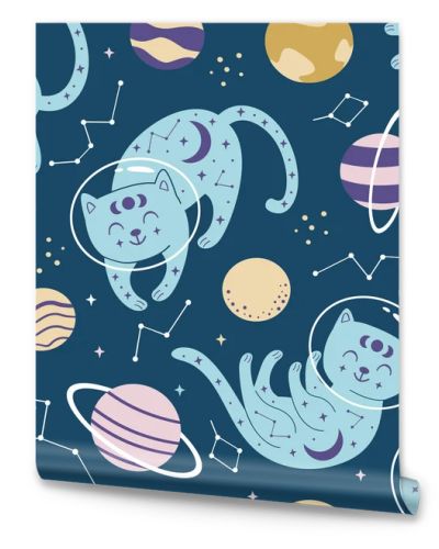 seamless pattern with blue cats in space 