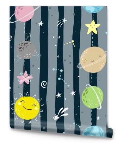 Seamless childish pattern with Cute cartoon moon, stars, comets and planet in the night sky. Bright vector illustration suitable for greeting card, poster or print on a T-shirt. Doodle illustration for kids vector print. Good night vector pattern