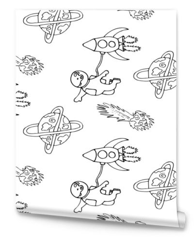 Hand draw aliens and ufo seamless pattern of vector objects and design elements isolated on white background. Trendy kids hand drawn seamless pattern with planets and rockets. Baby vector background illustration with space. Doodle style. Scandinavian