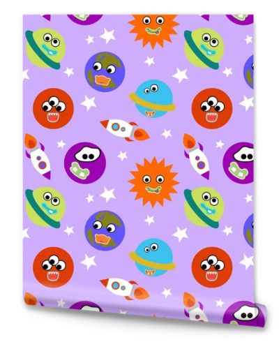 Solar system seamless pattern. Funny planets with funny faces. Cartoon style. Stock illustration. Suitable for decoration of a children's room, wallpaper, wrapping paper.