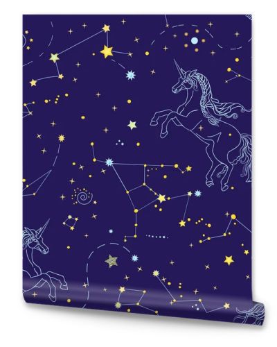 Romantic seamless pattern with cosmos and linear contour unicorns on the blue background. Vector illustration