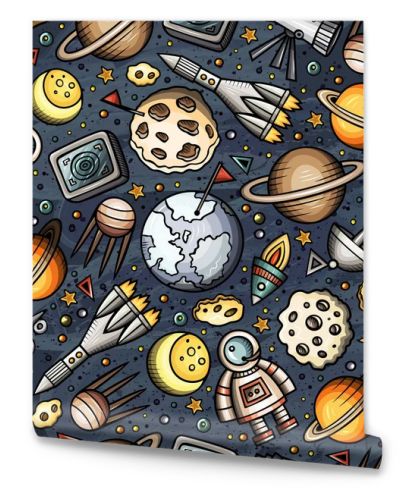 Cartoon hand-drawn space, planets seamless pattern