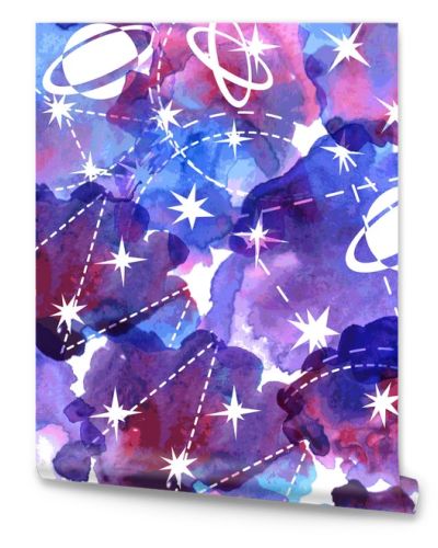 Space watercolor seamless pattern. Hand painted cosmic background