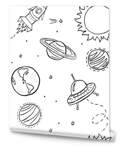 Black and white cosmic vector seamless pattern. Space texture for baby boy stuff design. Cute pattern with hand drawn elements for covers, wall paper, wrapping paper, fabric and other child designs