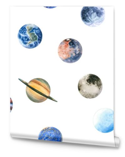 Seamless pattern of watercolor planets and Moon. Hand drawn illustration is isolated on white. Painted solar system is perfect for astrologer, interior poster, science background, fabric textile