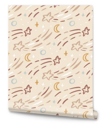 Seamless pattern with stars and moon in Scandinavian style. Creative print for apparel, nursery decoration, textile, packaging, wrapping paper, etc.