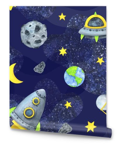 Rocket, flying saucer, spaceship, satellite, planet, stars.Space seamless pattern. Blue background with watercolor illustrations for children. Infinite universe.The science of astronomy.