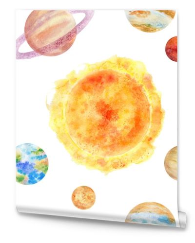 A seamless pattern solar system watercolor elements on a white background