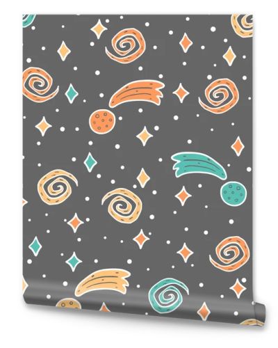 Seamless pattern with hand drawn space, stars and asteroids