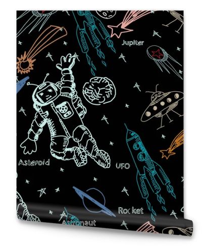 Hand drawn vector seamless pattern. Astronaut and space objects.