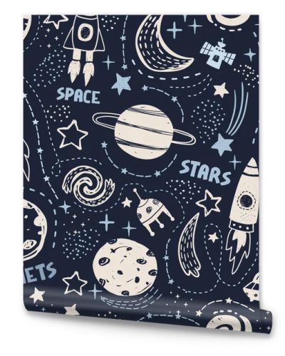 Seamless cute space pattern. It is good for baby clothes, baby bedding, wallpapers, notebook covers, etc.