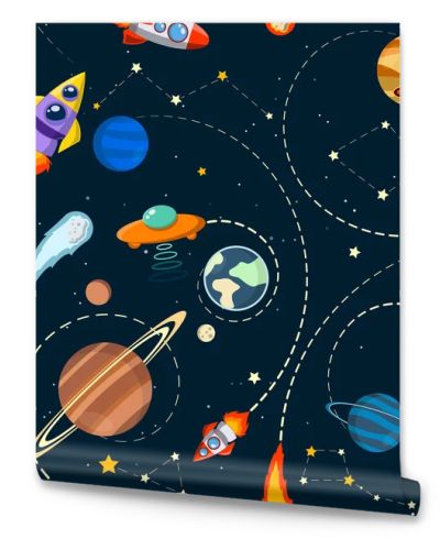 solar system vector kids cartoon planet seamless pattern. Rocket, UFO, planets Illustration, great for wallpaper, textile and texture design. Kids design, fabric, wrapping, apparel.